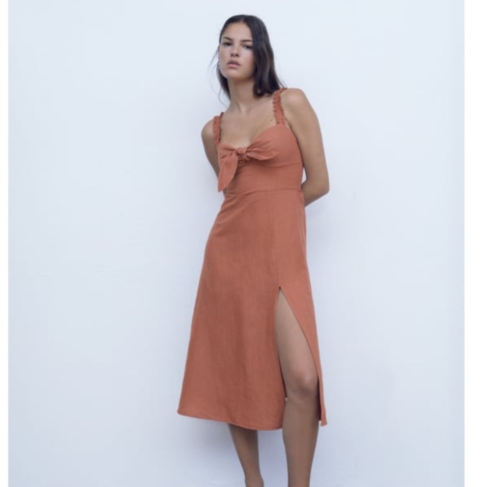 Zara Linen Midi Dress with a Bow - Size Small